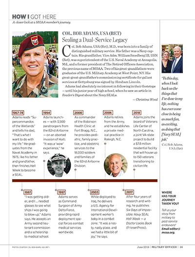 Image of article on Col. Robert Adams, MD '91, in Military Officer Magazine