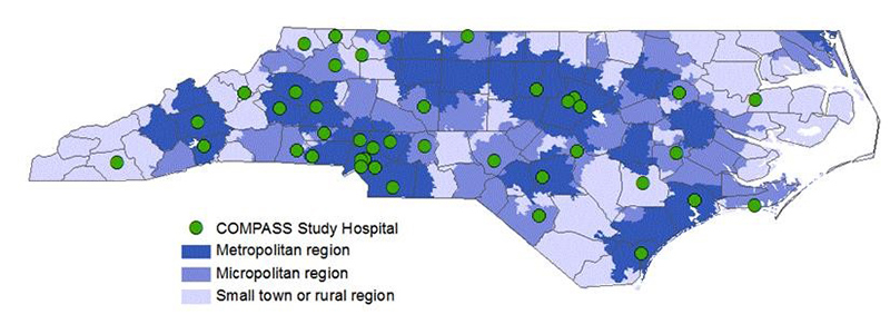 Map of North Carolina with counties in shades of blue corresponding to the population and with green dots indicating COMPASS Study hospitals