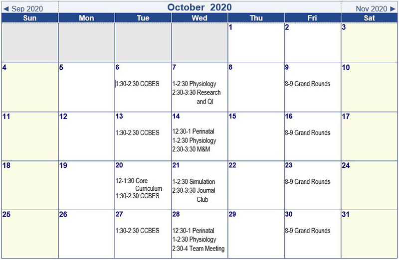 Monthly calendar with various conferences scheduled