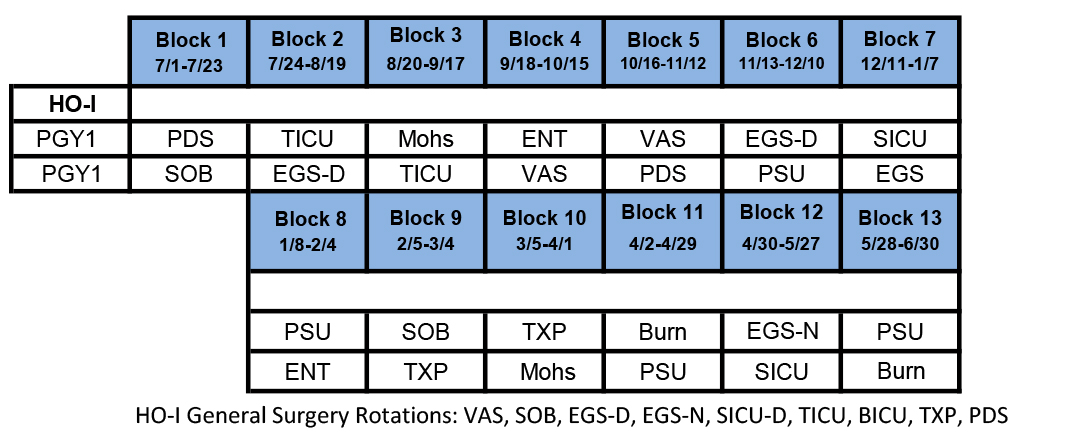 Example block schedule for first-year residents in plastic and reconstructive surgery.