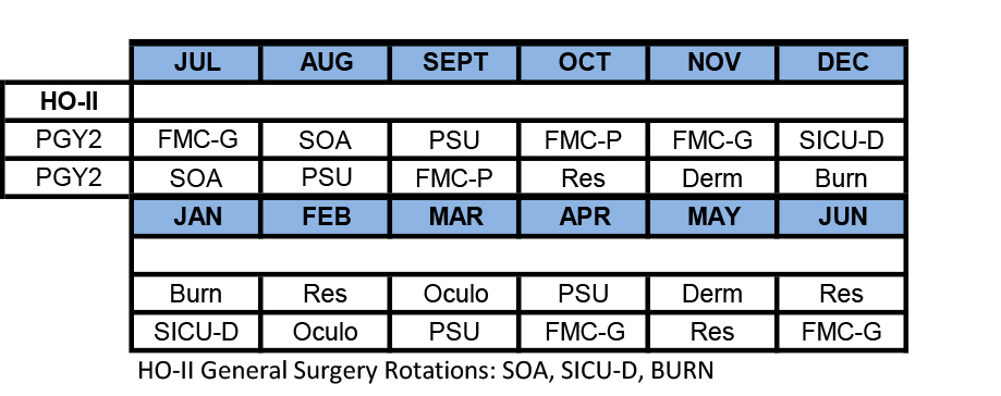 Example block schedule for second-year residents in plastic and reconstructive surgery.