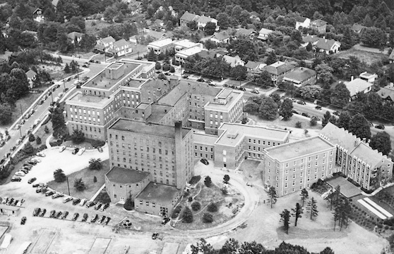 Aerial of NC Baptist Hospital from back, 1943