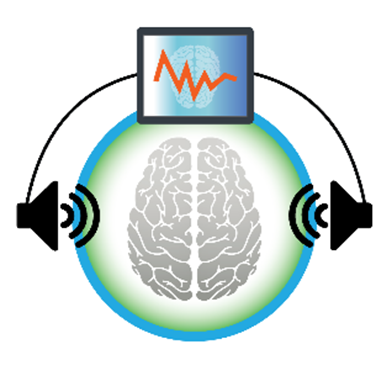 A brain inside of a green circle  with speaker iconds and a monitor above and around the circle.