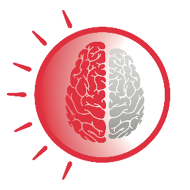 A brain in a red circle with the left side being red and the other gray.