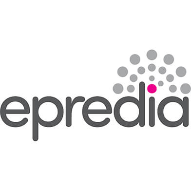 A gray and pink text logo for Epredia.