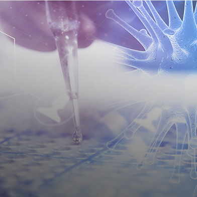 Illustration of pipette and test tubes, overlaid with translucent virus particle, in shades of purple and blue